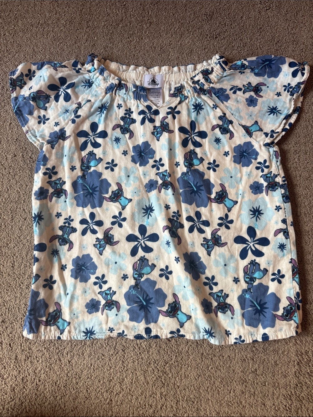 Disney White Top with Blue Floral & Stitch Print